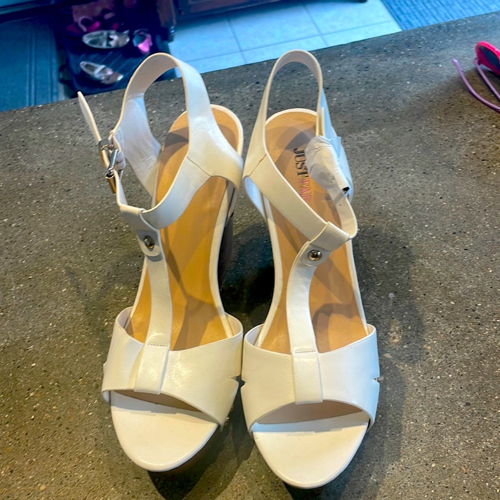 Just fab white straps wedges